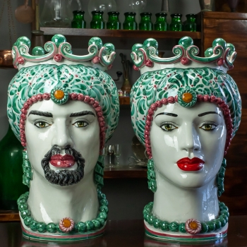 Testa di Moro Ceramica Siciliana Caltagirone Verde Ornato Donna cm 50