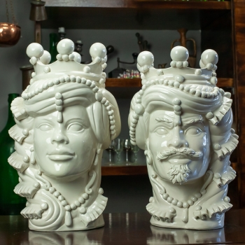 Head Vases Lady-man Moor's Ceramic from Caltagirone "Verus," Glossy White, 35 cm