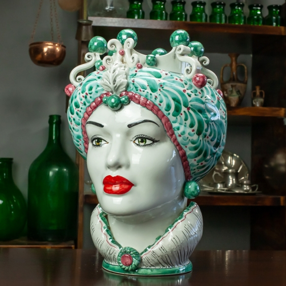 TESTA DI MORO CERAMICA SICILIANA CALTAGIRONE VERDE FANTASIA DONNA CM 42