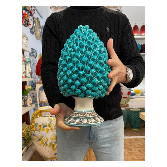 Piña Siciliana De Cerámica Artesanal De Caltagirone - Hecha A Mano, Altura 8/9 Cm, Varios Colores, Verde Cobre