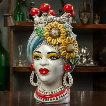 Teste di moro in ceramica di Caltagirone Donna Girasoli H. 33 cm