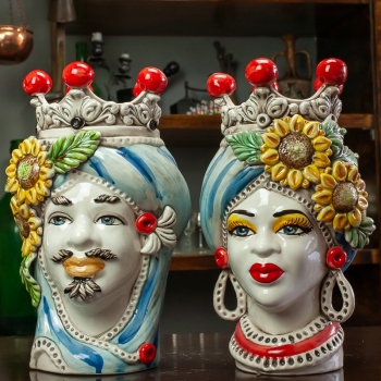 Teste di moro siciliane in ceramica di Caltagirone Donna-Uomo Girasoli H. 33 cm