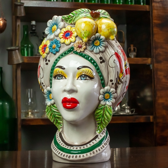 Testa di moro in Ceramica di Caltagirone Donna Limoni H. 40 cm