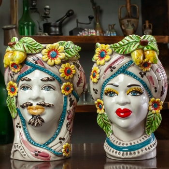 Teste di moro Siciliane in ceramica di Caltagirone Donna-Uomo Decoro Frutta H. 28 cm