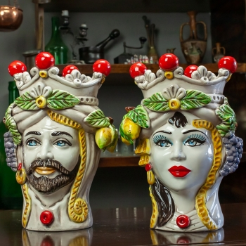 Teste di moro in ceramica Siciliana Caltagirone Donna-Uomo Frutta H. 28 cm