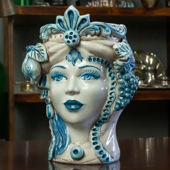 Teste di moro in ceramica di Caltagirone Donna Blu Antico H. 27 cm
