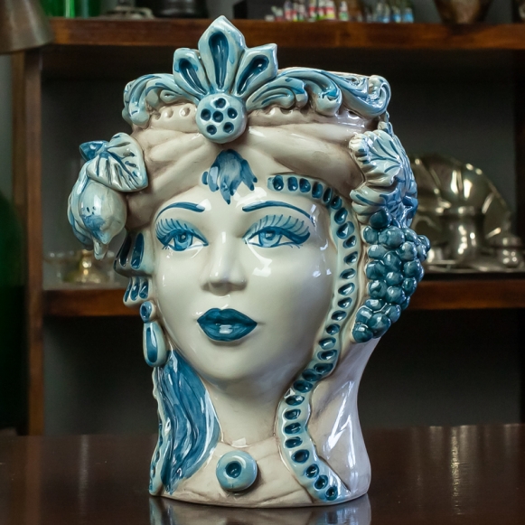 Teste di moro in ceramica di Caltagirone Donna Blu Antico H. 27 cm