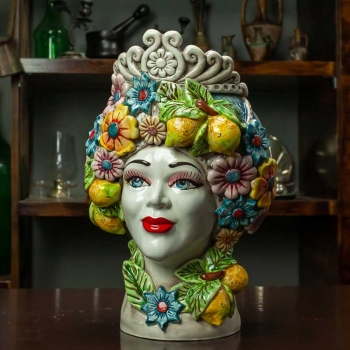 TESTA DI MORO IN CERAMICA DI CALTAGIRONE DONNA FIORI H. 30 CM