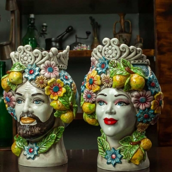Teste di Moro siciliane in Ceramica di Caltagirone Donna-Uomo fiori h. 30 cm