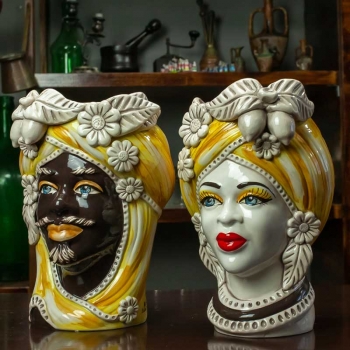 Teste di Moro Siciliane in Ceramica di Caltagirone Donna-Uomo Giallo H. 27 cm