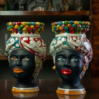 Teste di moro/pigna in ceramica siciliana di Caltagirone volto opaco H.22 cm