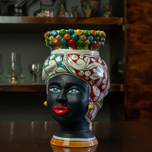 Teste di moro/pigna in ceramica siciliana di Caltagirone volto opaco H.22 cm