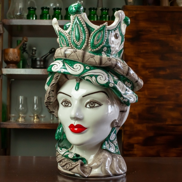 Head Vases Lady-Man Sicilian Moorish "Concordia" Green Decoration - H. 48 cm