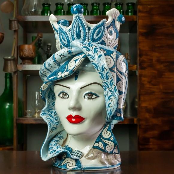 Lady Head Vases Moorish "Concordia" Sicilian Blue Decoration - H. 48 cm