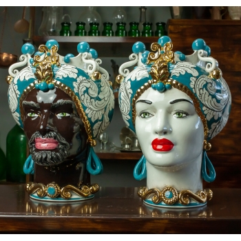 Teste di Moro in ceramica siciliana Caltagirone Donna Uomo Luxury Ottanio cm 40