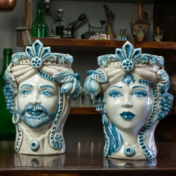 Teste di moro in ceramica Siciliana Caltagirone Donna-Uomo Blu Antico H. 27 cm