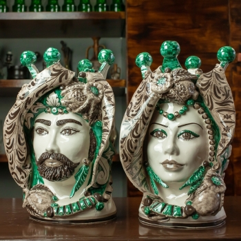 Head Vases Lady-Man Caltagirone Ceramic Ornate Green 33 cm
