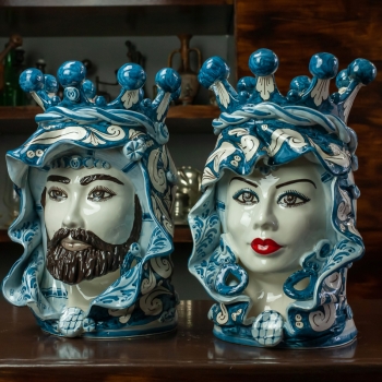 Head Vase Lady Caltagirone Ceramic Moors Head Sicilian Blue 33 cm