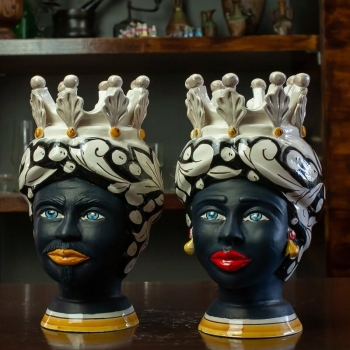 Head Vases in Sicilian Caltagirone Ceramic Black and White L. 15 x H. 25 cm