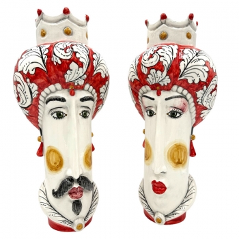 Pair of Head Vases from Sicilian Caltagirone Ceramic Red 35 cm