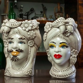 Teste di Moro Siciliane in Ceramica Caltagirone Uomo-Donna Bianco Antico h. 27 cm