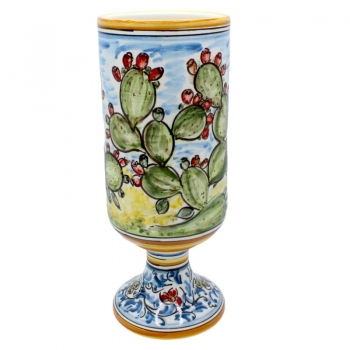 Sicilian Caltagirone Ceramic Cylinder Flower Pot Yellow Ochre Prickly Pear H. 32 cm