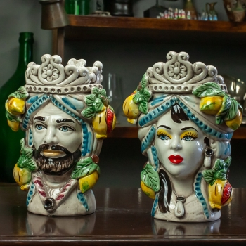 Heads Vases in sicilian ceramic with fruit decoration h. 22 cm