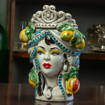 Heads Vases in sicilian ceramic with fruit decoration h. 22 cm