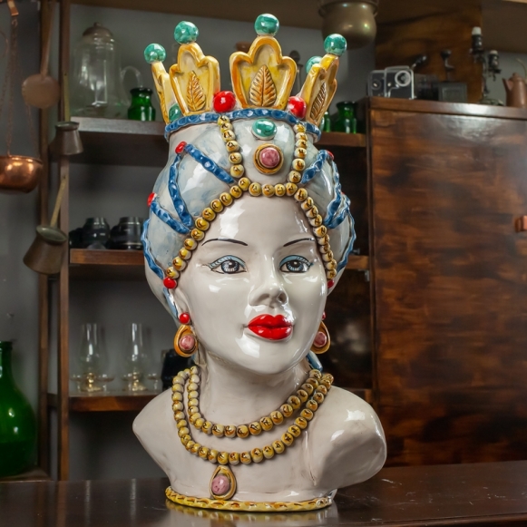 Head Vases Lady Man - Sicilian Caltagirone Ceramic "Royal"cm 52