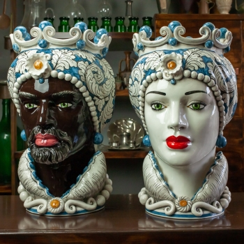 Head Vases -  Lady Man Sicilian Ceramic Moorish from Caltagirone - Blue 50 cm