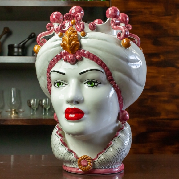 TESTE DI MORO CERAMICA SICILIANA CALTAGIRONE GRIGIO/AMARANTO 42 CM