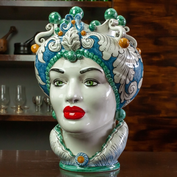 Teste di Moro in Ceramica Siciliana di Caltagirone Azzurra Donna-Uomo cm 40