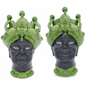 Teste di Moro in Ceramica Caltagirone Verus Donna-Uomo Verde H 45