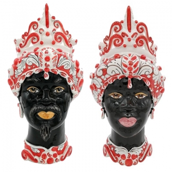 Teste di moro siciliane in ceramica Caltagirone Verus Punta Rossa Donna-Uomo cm 42