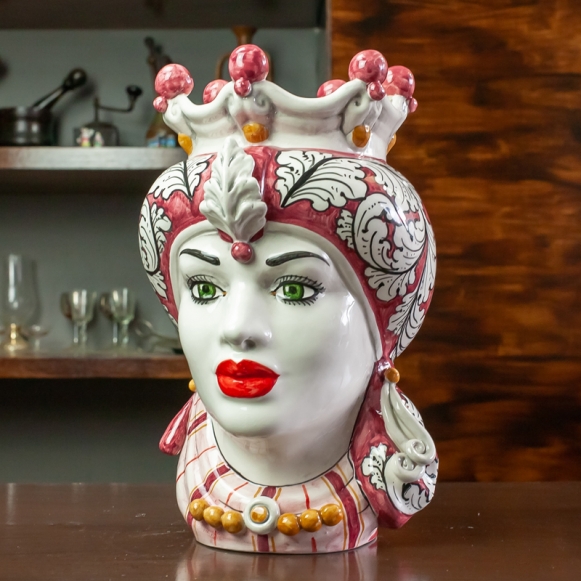 Moor's Head Ceramic from Caltagirone - Lady-Man Floral Bordeaux 35 cm