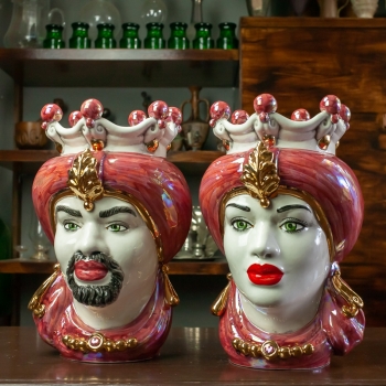 Teste di Moro Siciliane in Ceramica Caltagirone Donna-Uomo Bordeaux Madreperlata cm 35