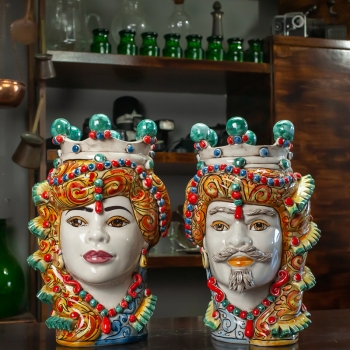 Head Vases Lady-Man Caltagirone Ceramic Moor's Multicolor cm 35