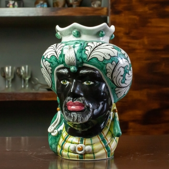 Heads vases lady and Man Sicilian Ceramics Caltagirone Green Turban 23 cm
