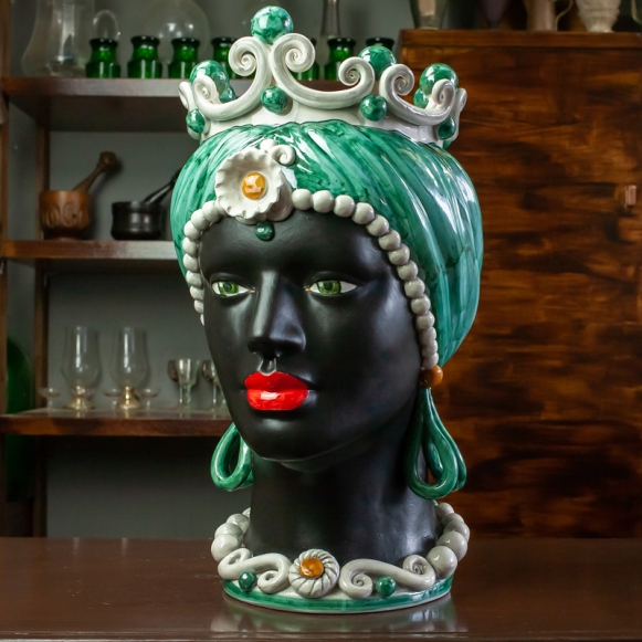 Testa di Moro in Ceramica Siciliana Caltagirone Verde Smeraldo Donna-Uomo cm 50