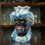 Heads vases lady and Man Sicilian Ceramics Caltagirone Blue Turban 23 cm