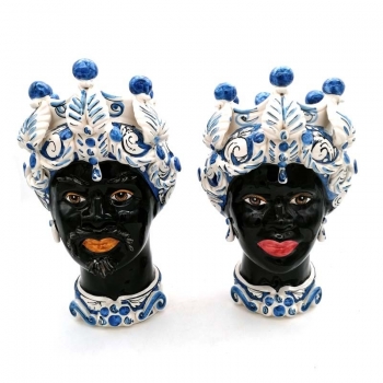 Teste di moro siciliane in Ceramica Caltagirone Verus Blu Donna-Uomo cm 42