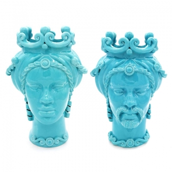 Teste di Moro siciliane in Ceramica Caltagirone Uomo-Donna Turchese cm 33