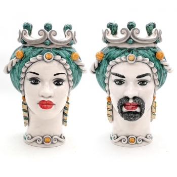 Teste di Moro siciliane in Ceramica Caltagirone Donna-Uomo Verde cm 35
