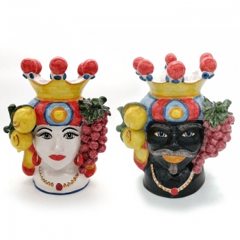 Teste di moro in Ceramica Siciliana Caltagirone Donna-Uomo Frutta cm.30