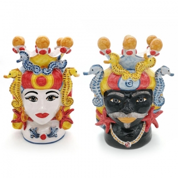 Teste di moro in Ceramica Siciliana Caltagirone Donna-Uomo Mare cm.30