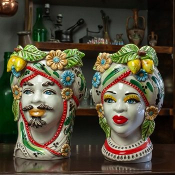 Head Vases Lady-Man Moorish heads in Caltagirone ceramic Moro Man Fruit Decoration H. 28 cm