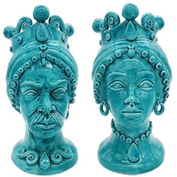 Teste di moro Siciliane in ceramica Caltagirone Turchese Donna-Uomo cm 32
