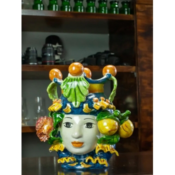 Teste di moro in Ceramica Caltagirone Donna-Uomo Blu H.26