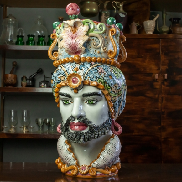 Teste di Moro in ceramica siciliana Caltagirone Impero H. 65 x L. 31 cm
