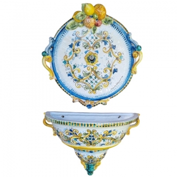 Fontana Murale Ceramiche Caltagirone Frutta Giallo Antico h. cm 80